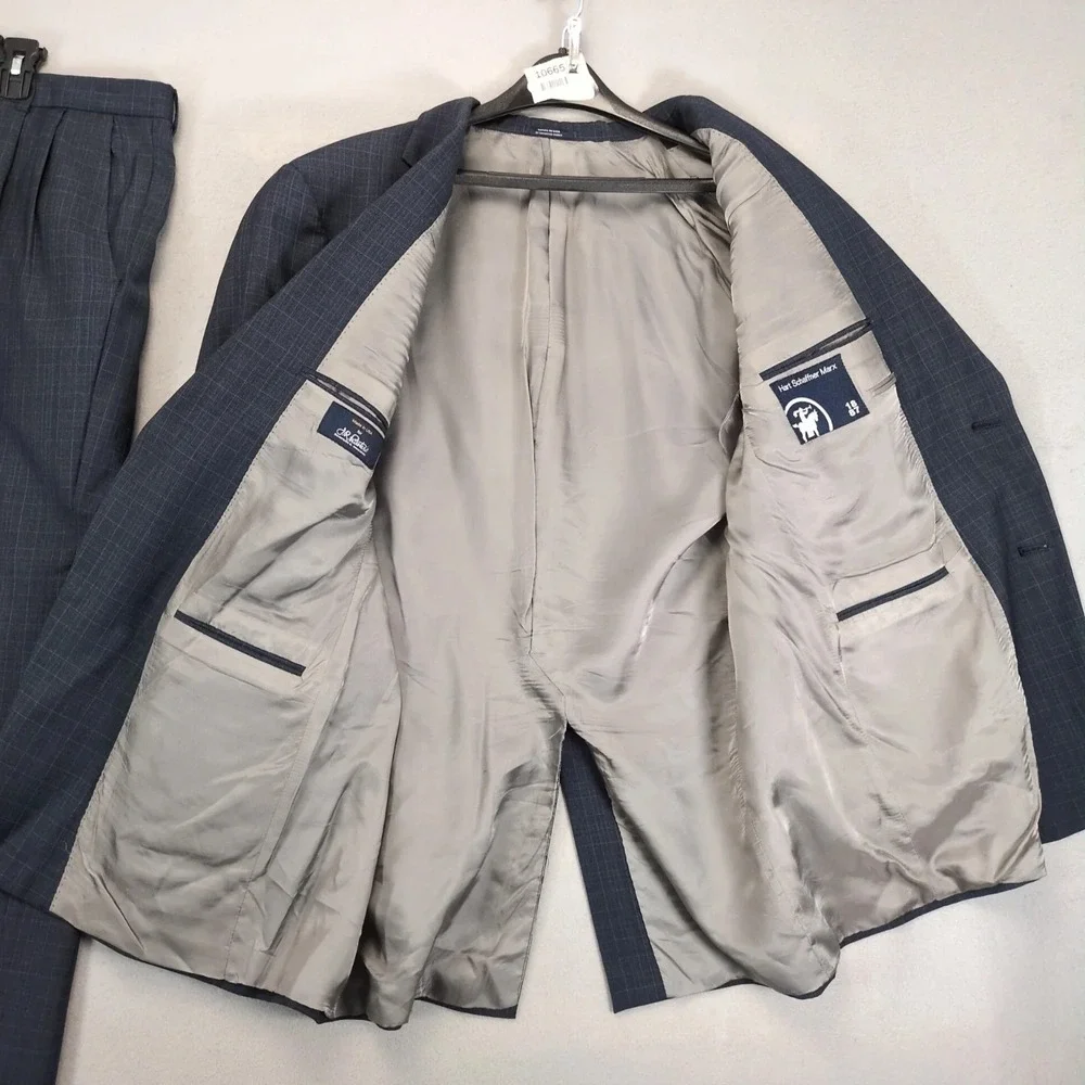 Vintage Hart Schaffner Marx Navy Windowpane 2pc Suit Mens 44R Jacket 39x28 Pants